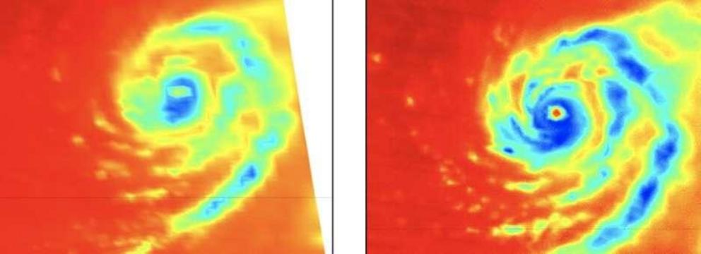 Both the Advanced Technology Microwave Sounder (ATMS) instrument on the NOAA-20 satellite (left) and TROPICS Pathfinder (right) passed over Super Typhoon Mindulle on Sept. 26, 2021. The TROPICS satellite measures a frequency of 205 gigahertz, which provid