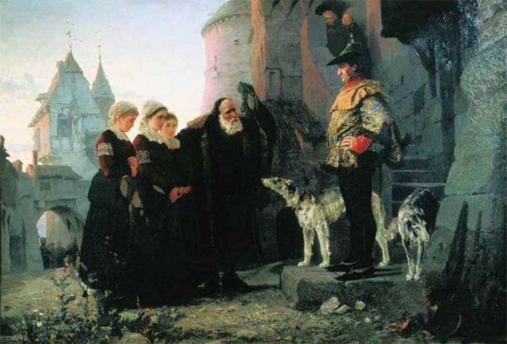 In this 1874 AD painting by Vasily Polenov, Le droit du Seigneur, a synonym for Jus primae noctis, shows an old man is bringing his young daughters to his feudal lord.