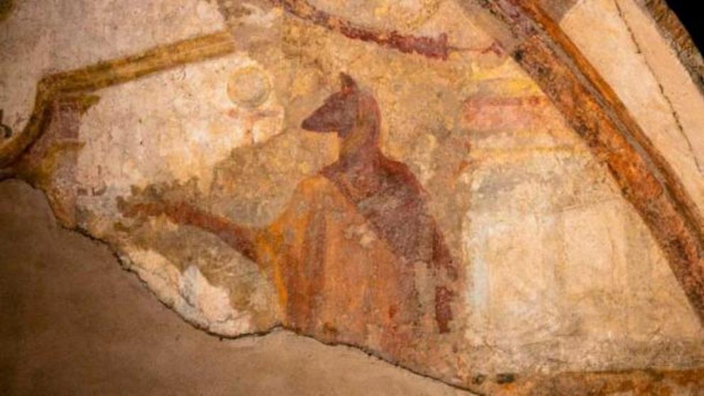 Anubis, the Egyptian god of death and the afterlife, is also depicted within the Roman frescoes at the Baths of Caracalla.