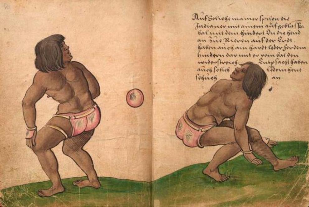 Ballgames were played by the pre-Colombian people of ancient Mesoamerica, including the Olmecs. This illustration was drawn by Christoph Weiditz in 1528, when Aztec players performed for Charles V in Spain.