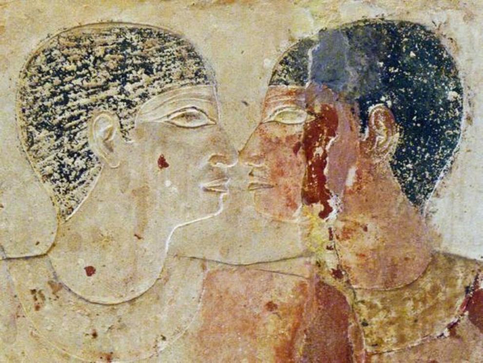 Mastaba joint tomb depicting Niankhkhnum and Khnumhotep embracing one another. The two men are speculated to be lovers, although some Egyptologists argue that they may have been brothers or twins.