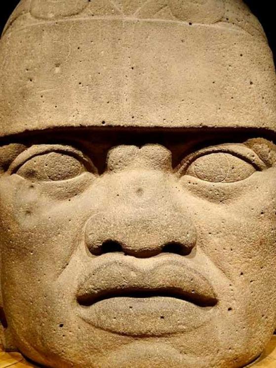 An Olmec colossal stone head discovered in San Lorenzo. Experts believe that these stone heads are portraits of important Olmec rulers.