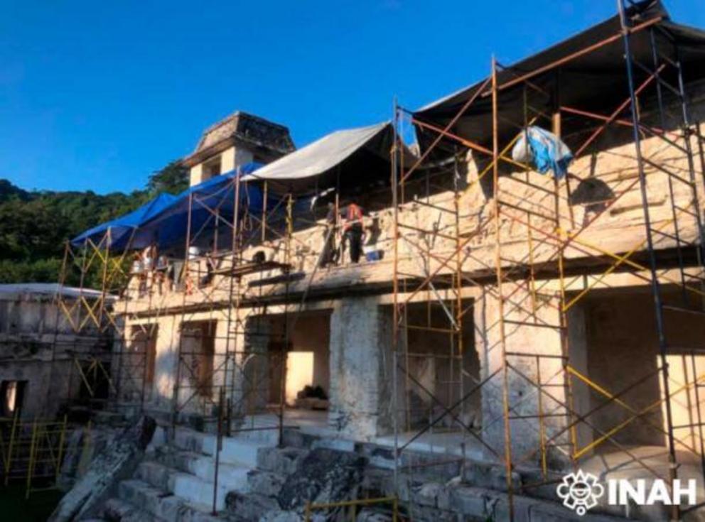 Works on friezes at House C, Palenque Palace, Palenque, Mexico