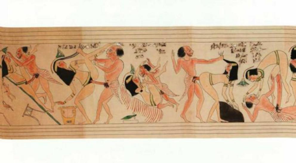 While the original is in a poor state of conservation, experts have reconstructed its content. This is a segment of the erotic scenes within the reconstructed papyrus.