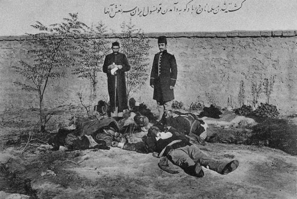 An Iranian postcard showing the Iranian consul M. S. Vezare-Maragai standing in front of a few of Baku’s many Muslim victims from the March Days of 1918.