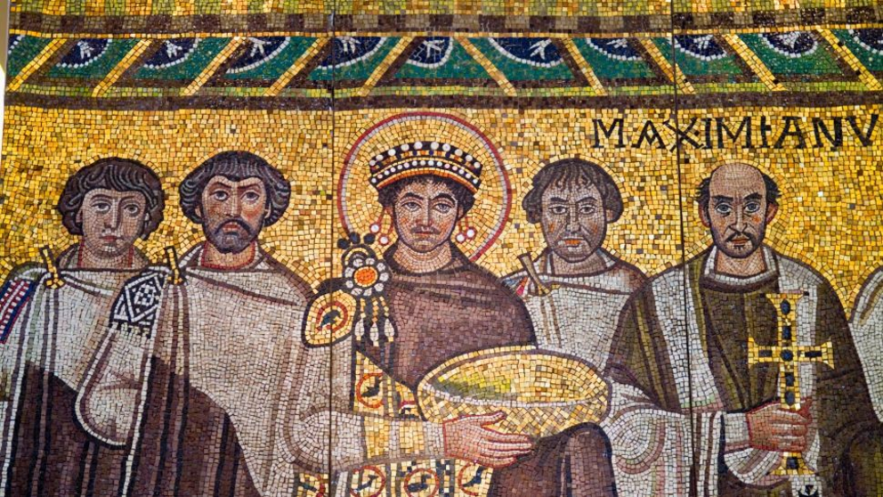 Byzantine mosaic of Emperor Justinian and his retinue.