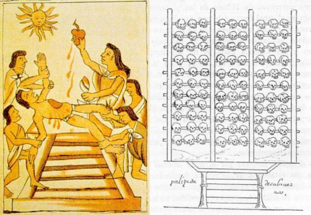 Left: The Aztecs may have killed a hundred thousand people a year in ritual sacrifices. Right: Skulls were frequently displayed publicly on tzompantlis. (Depictions from 16th century Codex Duran. 