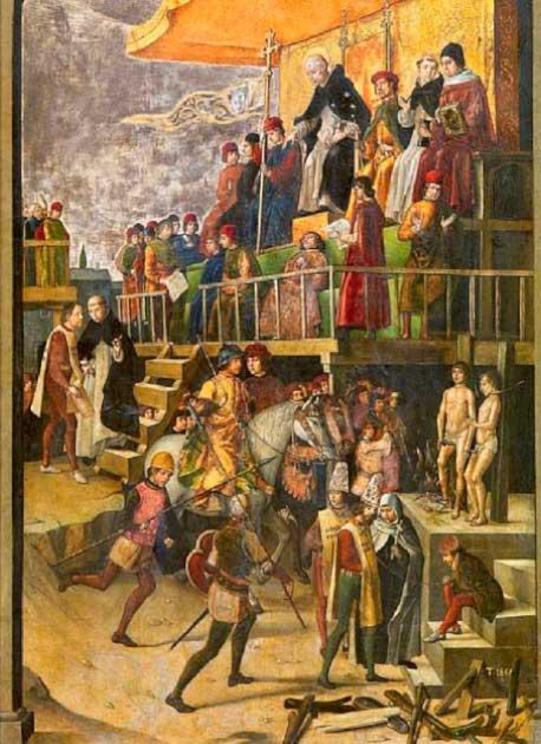 Cathars being burnt at the stake in an auto-da-fé, anachronistically presided over by Saint Dominic.