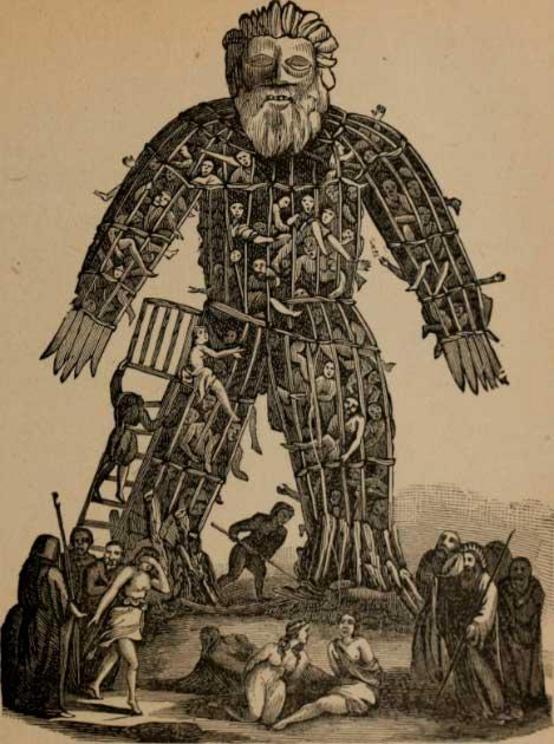 The Celtic Wicker Man, filled with human sacrifices and set afire, drawing from 1676.