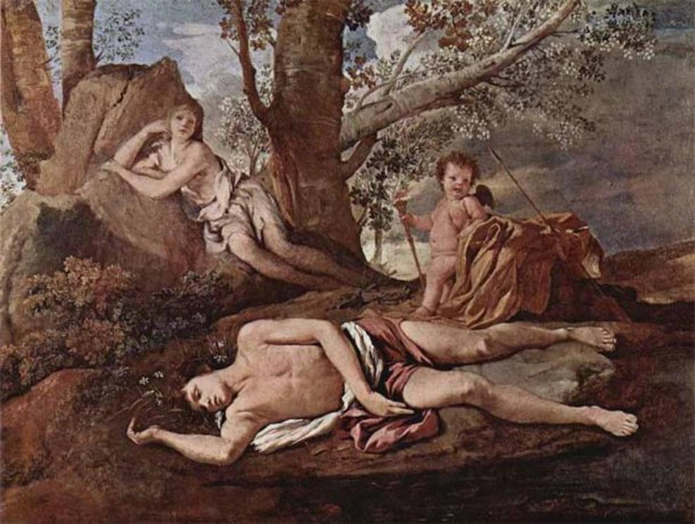 Echo and Narcissus in painting from 1627 by Nicolas Poussin.