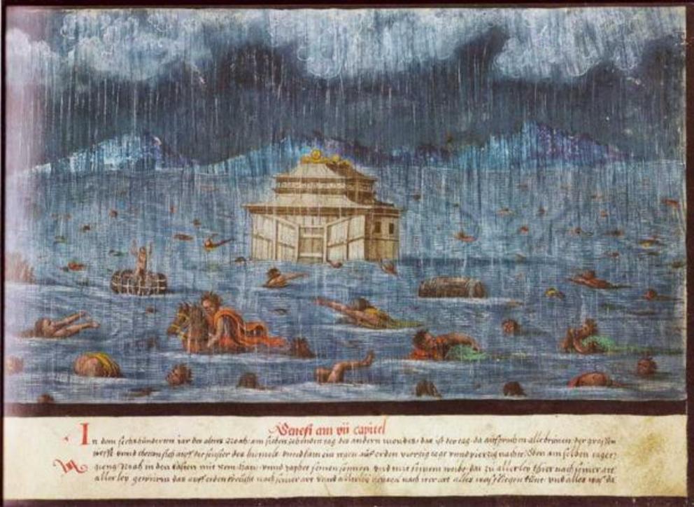 Painting of the Great Flood as told in Genesis. Augsburger Wunderzeichenbuch, Folio 1 (Genesis 7, 11-14).