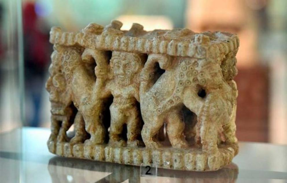 Sculptured vase depicting Gilgamesh wrestling two bulls from the Shara temple at Tell Agrab, Diyala Region, Iraq. Gilgamesh was included in the Sumerian King List.