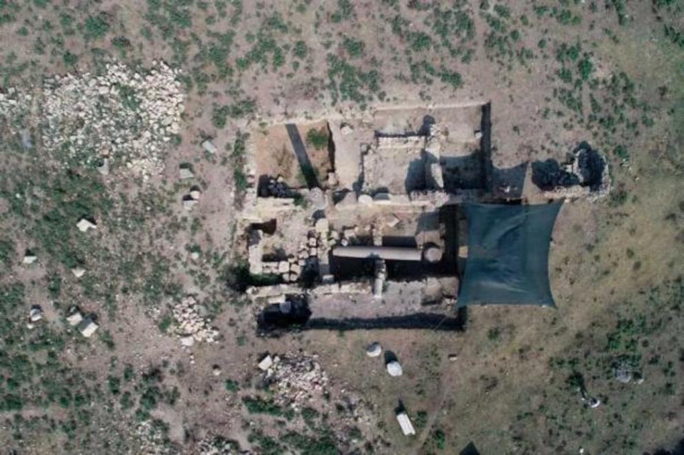 An aerial view of the area in ancient Anavarza city where the Roman gladiator tombs were found, note the fallen Roman Hellenistic columns.