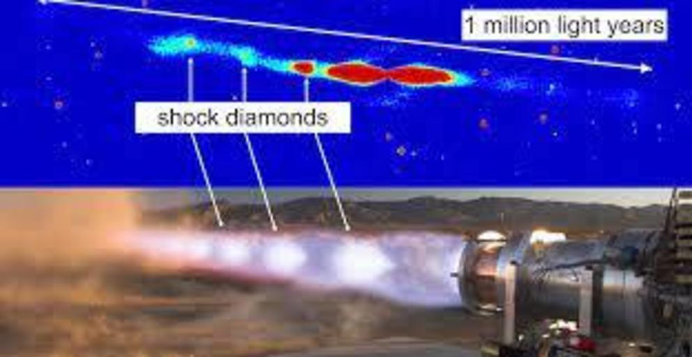 Black hole jets from NGC2663 compared to a jet engine. Top image: observations from the ASKAP radio telescope. Bottom: a methane rocket successfully being tested in the Mojave Desert. Note the patterns of compression