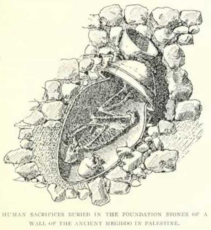 Human sacrifices buried in the foundation stones of a wall in ancient Megiddo, Palestine.