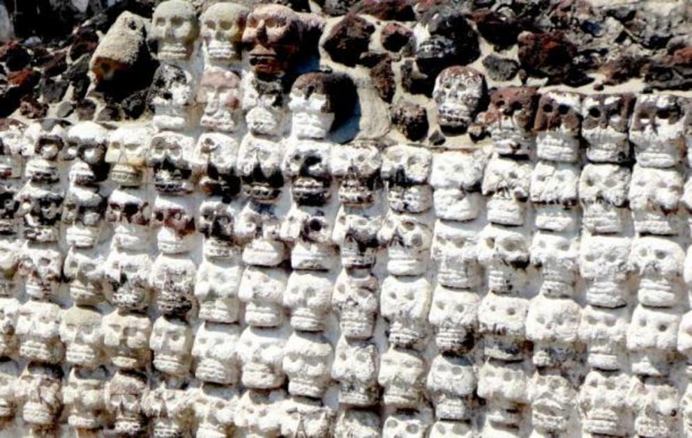 Wall of skulls (tzompantli) from human sacrifice at Templo Mayor, Mexico City.