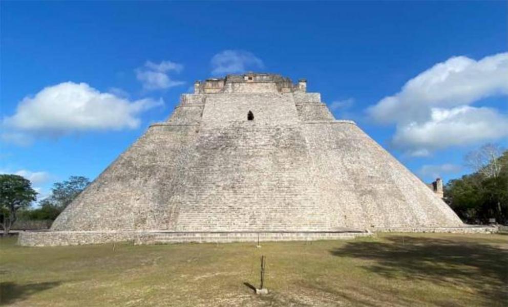 Final view of the Pirámide del Adivino (Pyramid of the Magician or the Temple of the Soothsayer) as you exit the Zona Arqueológica de Uxmal, an impressive ancient Maya city, Yucatan, Mexico