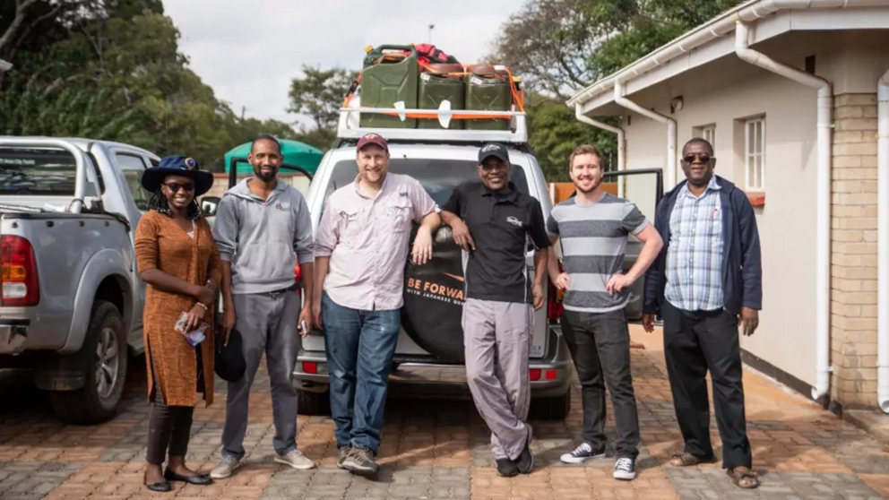 Part of the 2019 expedition team poses for a photo in Zimbabwe's capital, Harare, before fieldwork. From the left we see Kudzie Madzana, Edward Mbambo, Sterling Nesbitt, George Malunga, Christopher Griffin and Darlington Munyikwa.