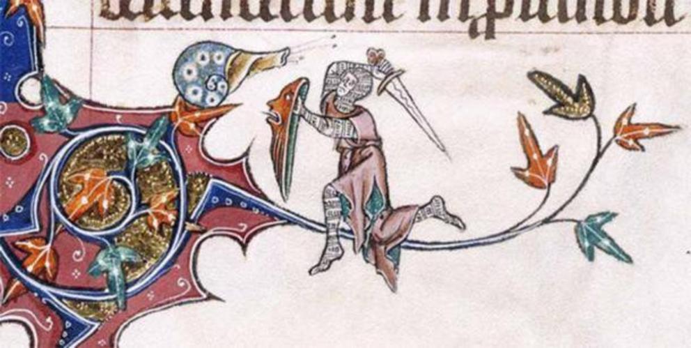 Battle between a  knight and a snail  as depicted in the margins of  Gorleston Psalter .