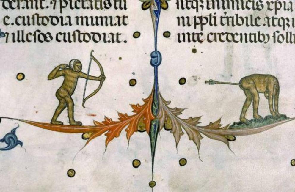 Bullseye! Monkey archer in Pontifical of Guillaume Durand, Avignon, before 1390 Paris, Bibliothèque Sainte-Geneviève, ms. 143, fol. 145v