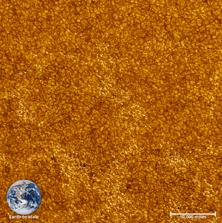 A close-up of the Sun's chromosphere, depicting individual granules, with the Earth overlaid to scale.