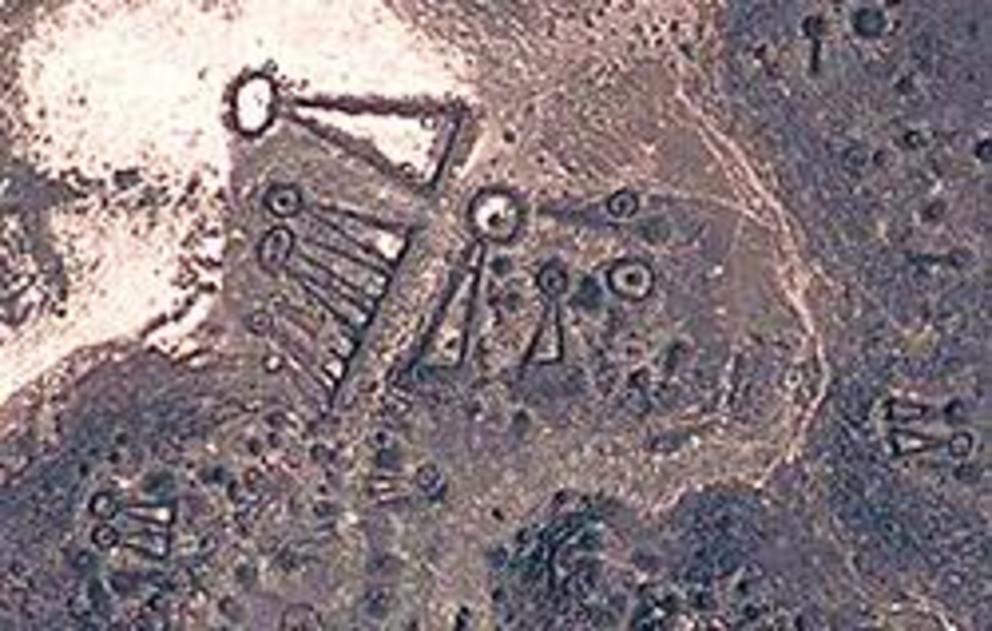 Structures in Harrat Khaybar, Saudi Arabia, with distinctive keyhole design. These mysterious structures are estimated to be at least 9,000 years old.