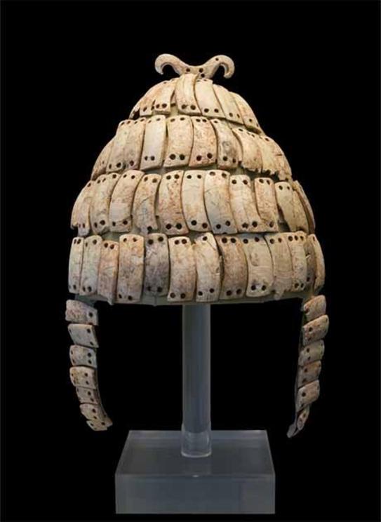 Mycenaean boar's tusk helmet excavated from a chamber tomb. This type of helmet is described in Homer's 'Iliad'. 14th - 13th BC. Currently housed at the National Archaeological Museum of Athens.