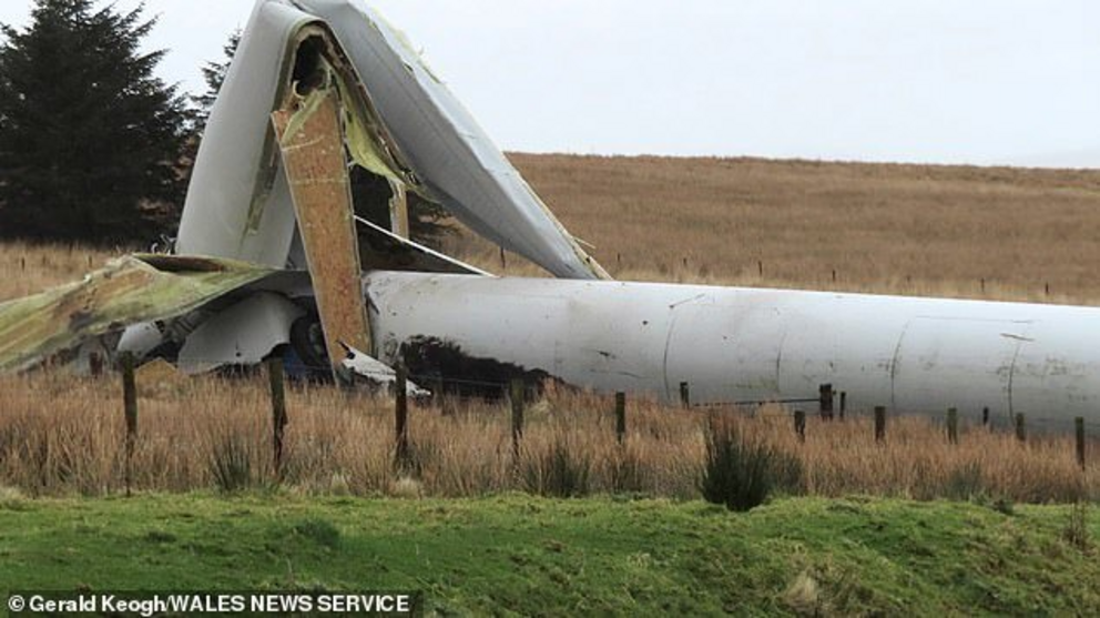 The base and foundations were ripped up and destroyed by the 50mph gales. Families in the nearby village said its collapse sounded like ‘thunder and lightning.