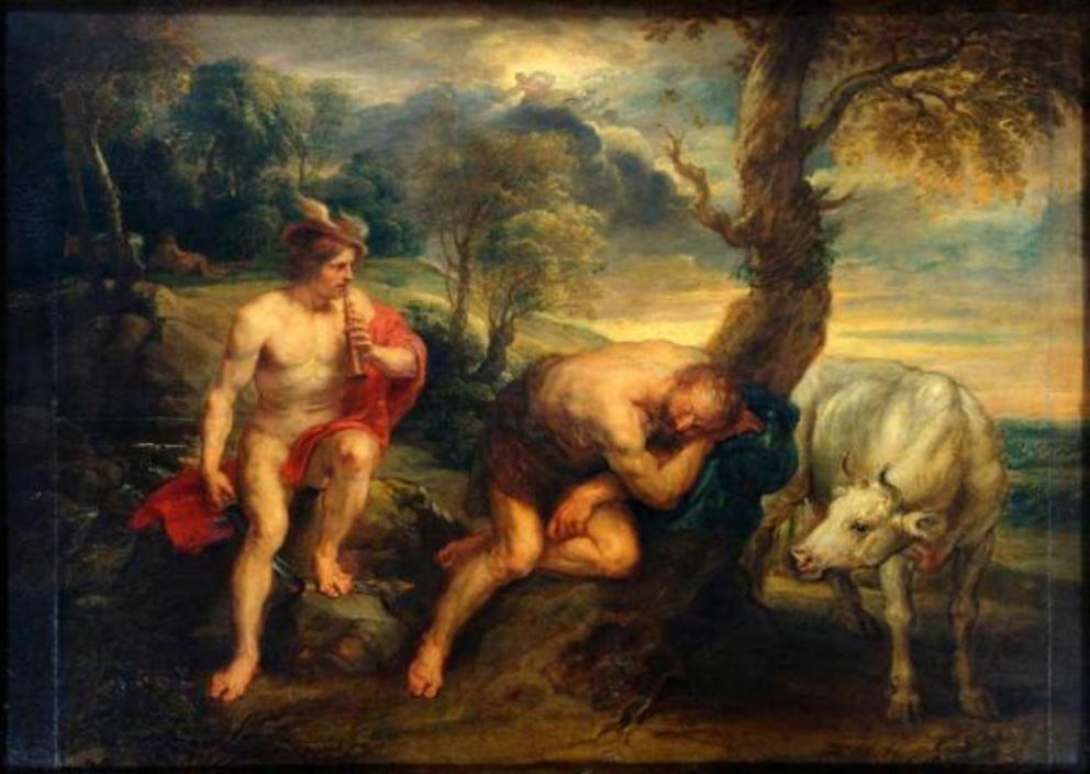 Painting Peter Paul Rubens showing Argos Panoptes being lulled to sleep by Hermes, aka Mercury.