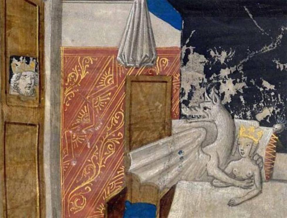 King Philip of Macedon looks on as his wife beds a dragon in Les faize d'Alexandre (translation of Historiae Alexandri Magni of Quintus Curtius Rufus), Bruges ca. 1468-1475 BL, Burney 169, fol. 14r 