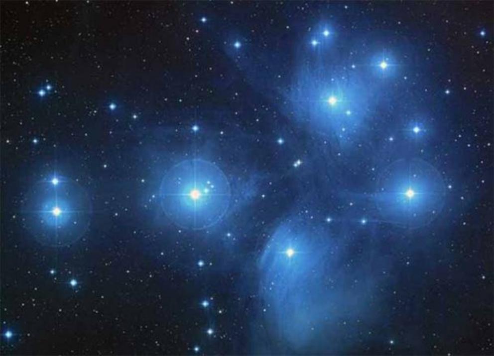 The Pleiades, an open cluster consisting of approximately 3,000 stars at a distance of 400 light-years (120 parsecs) from Earth in the constellation of Taurus. It is also known as 