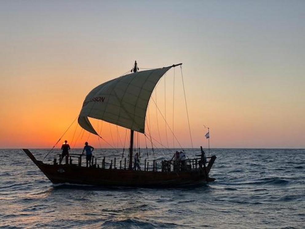 The replica boat that David Gal and his team used to sail across part of the Mediterranean. (Courtesy of David Gal)