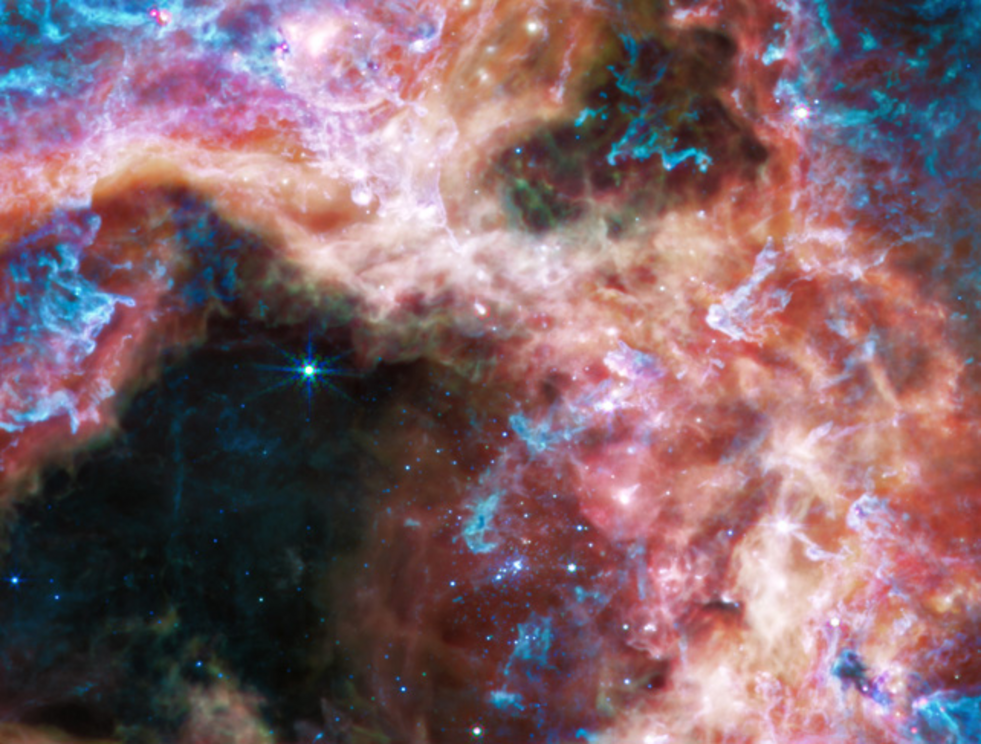 A portion of the Tarantula Nebula captured by Webb's Mid-Infrared Instrument (MIRI).