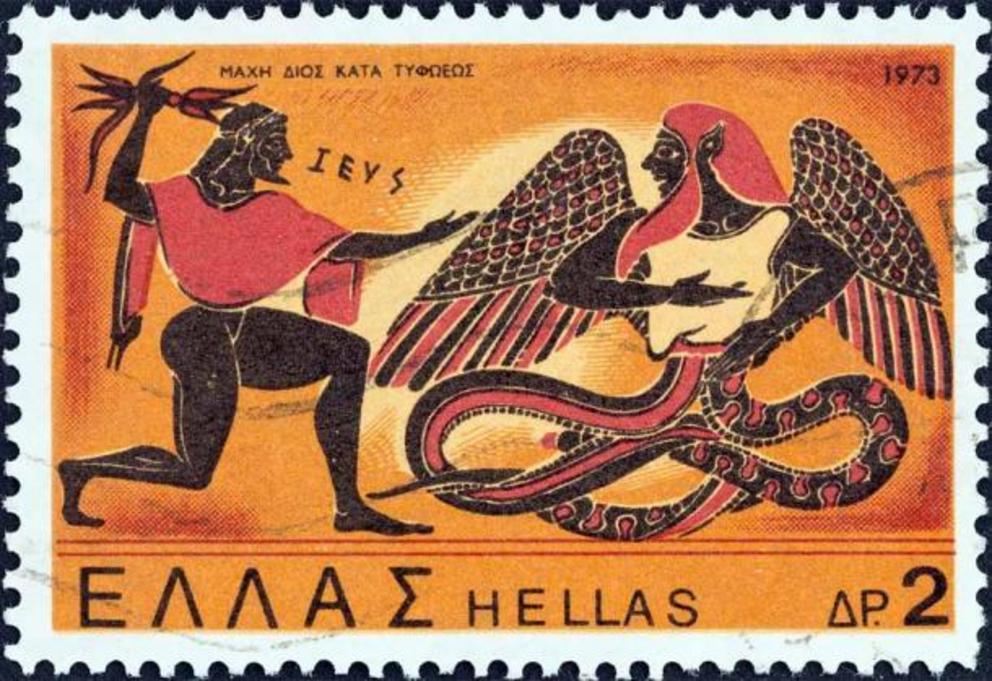 Zeus in combat with Typhon, partner of Echidna. Stamp created from image on 6th century BC pottery