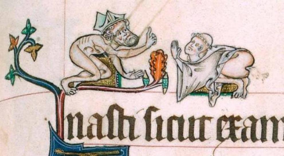 A nude bishop chastises a defecating cleric in the Gorleston Psalter, c. 1310-1324. 