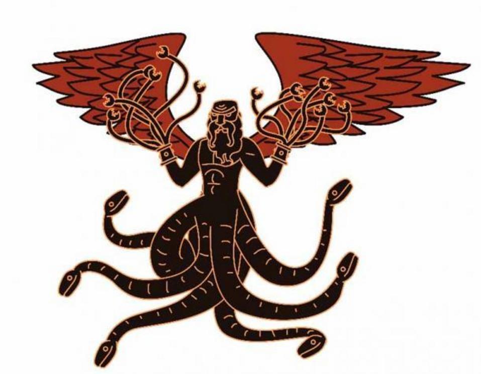 A modern depiction of Typhon, with snakes for legs and arms. With his partner Echidna, fathered a host of monsters