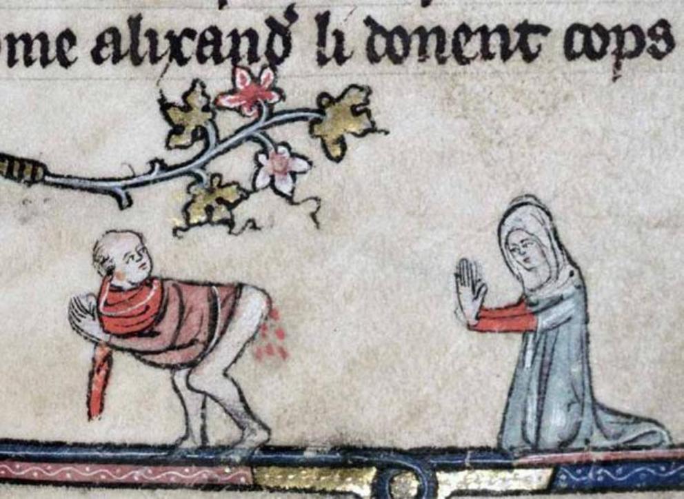 A nun appears disgusted at the sight of a man’s bleeding behind from the Romance of Alexander, 1338-1410. 