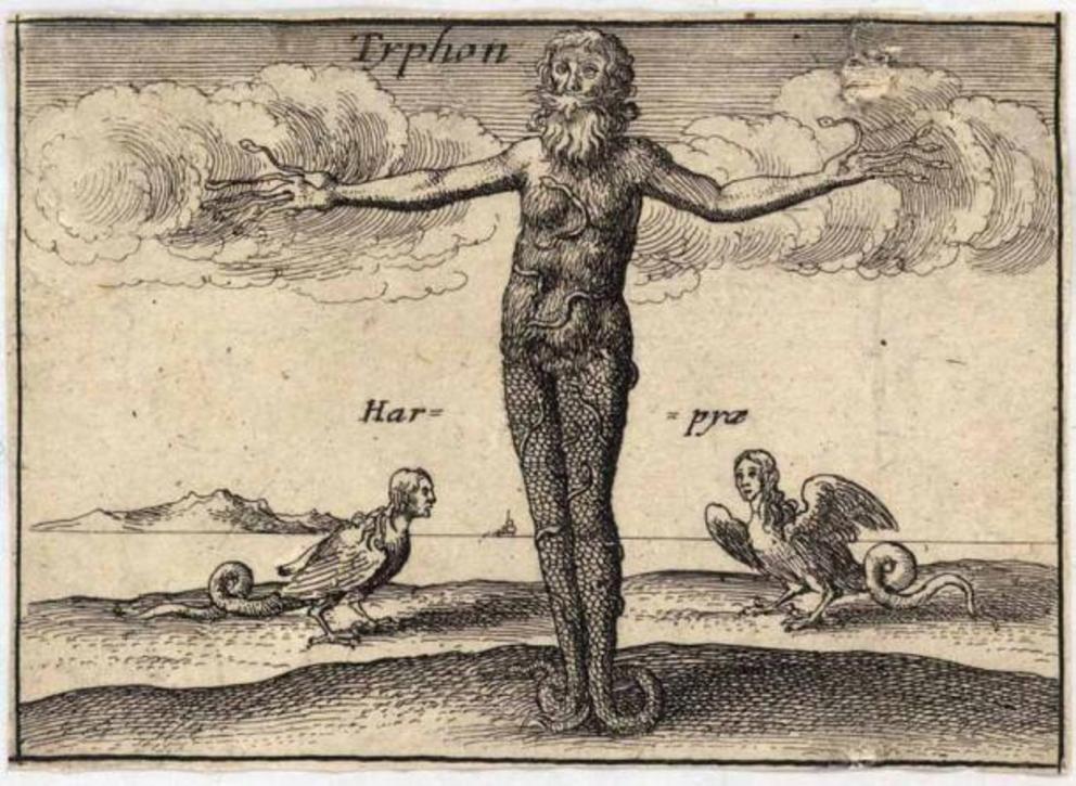 A 15th century drawing of Typhon by Wenceslaus Hollar, with harpies in background