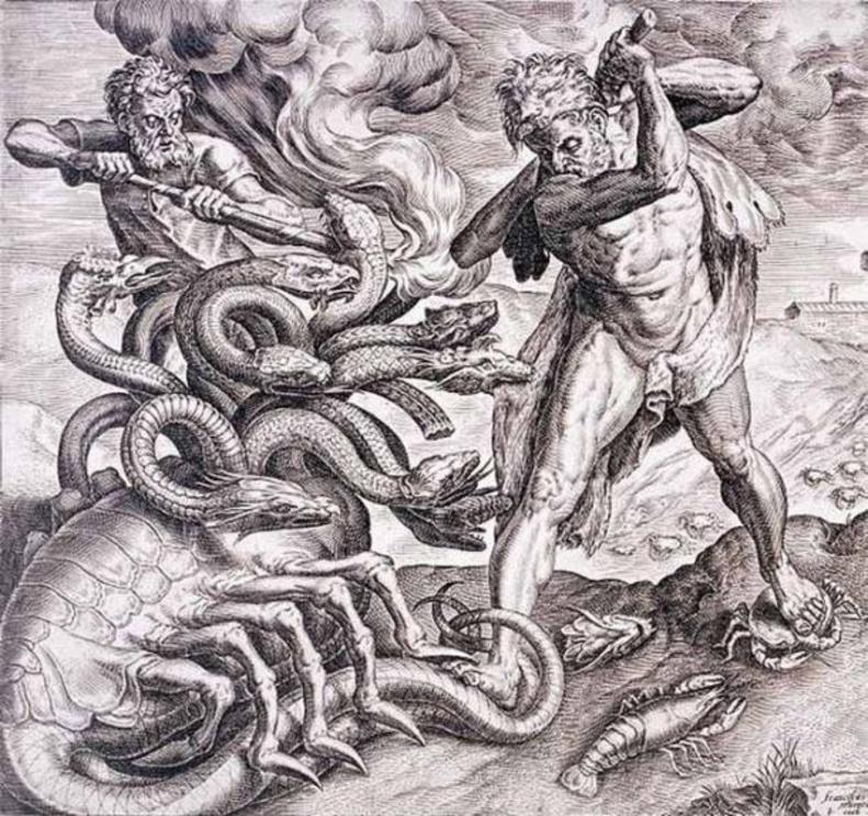 Engraving of the second labor of Hercules: slaying the Lernaean Hydra, child of Typhon and Echidna