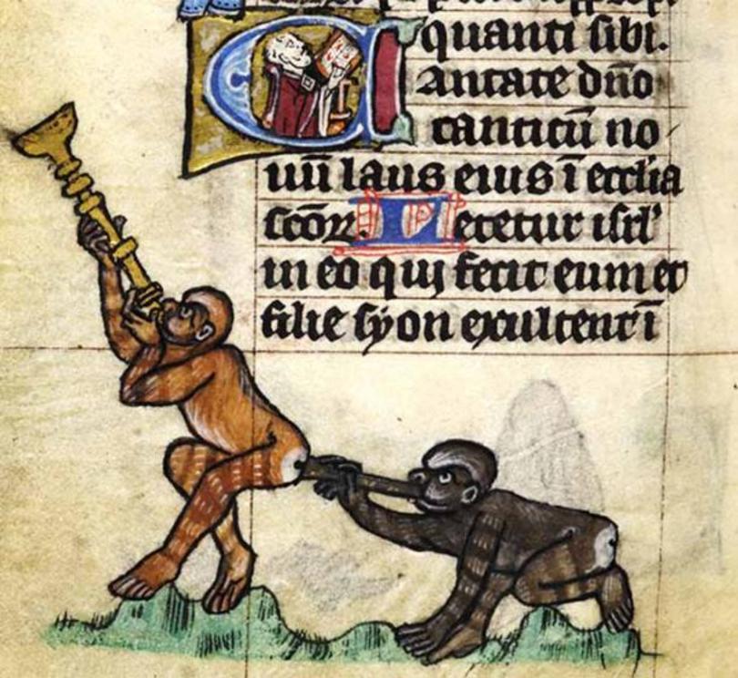 Monkey business. A page (folio) of the Maastricht Book of Hours (BL Stowe MS17), an illuminated manuscript mainly known for its lively depictions of animals and half-animal. 1300 – 1325 AD. 