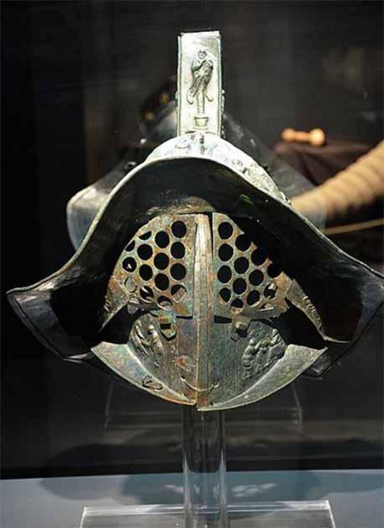 Gladiator helmet found in Pompeii and richly decorated with scenes of Greek mythology. Now in the Louvre Museum.