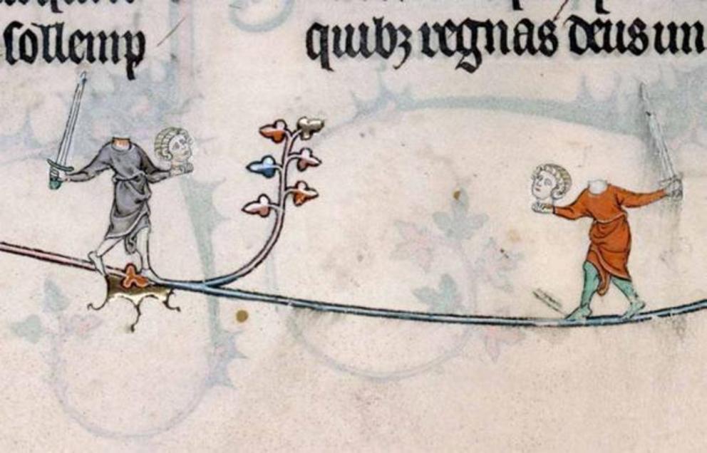 Two headless men do battle in the Summer volume of the Breviary of Renaud and Marguerite de Bar, Metz ca. 1302-1305.