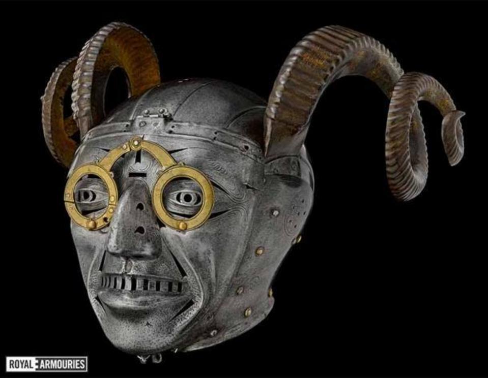 The Horned Helmet of Henry VIII .  Historians believe the bizarre helmet was sent as a gift to King Henry VIII by Maximilian I, the Holy Roman Emperor in 1514 AD. Exhibited today in the Royal Armouries Museum in Leeds, England