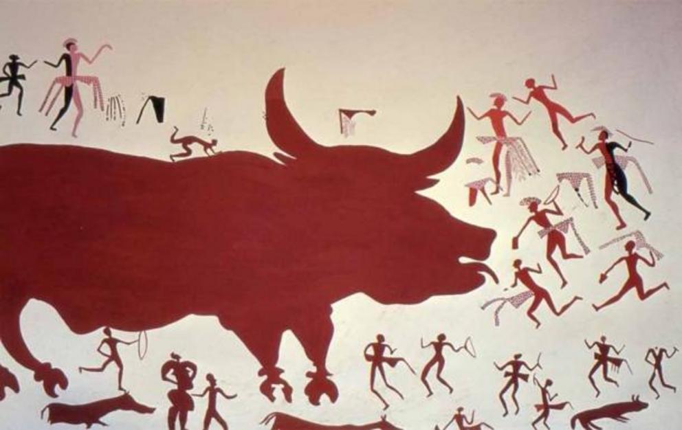 Reconstruction of Çatalhöyük mural showing a hunting scene