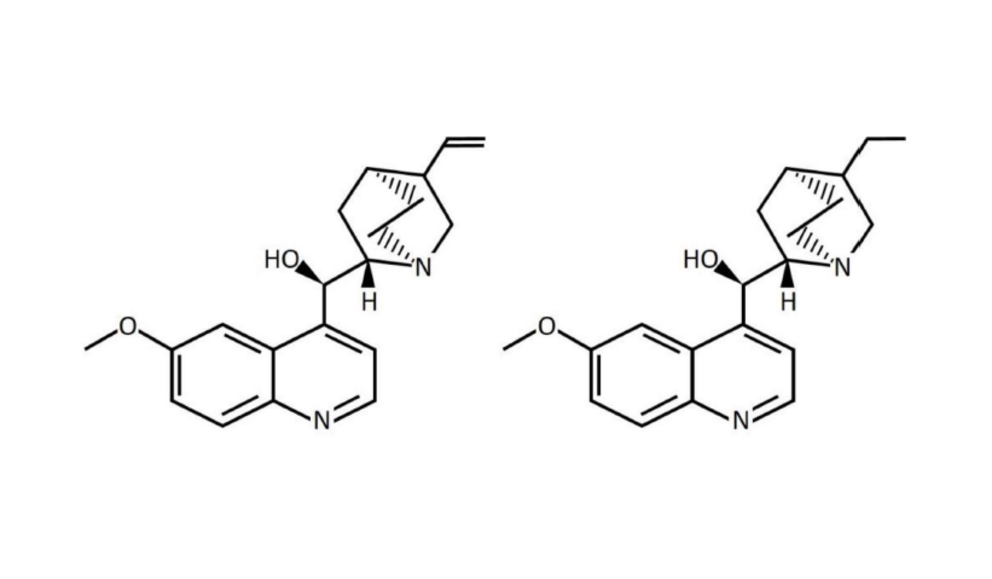 Chemical structures of quinine (left) and dihydroquinine (right)