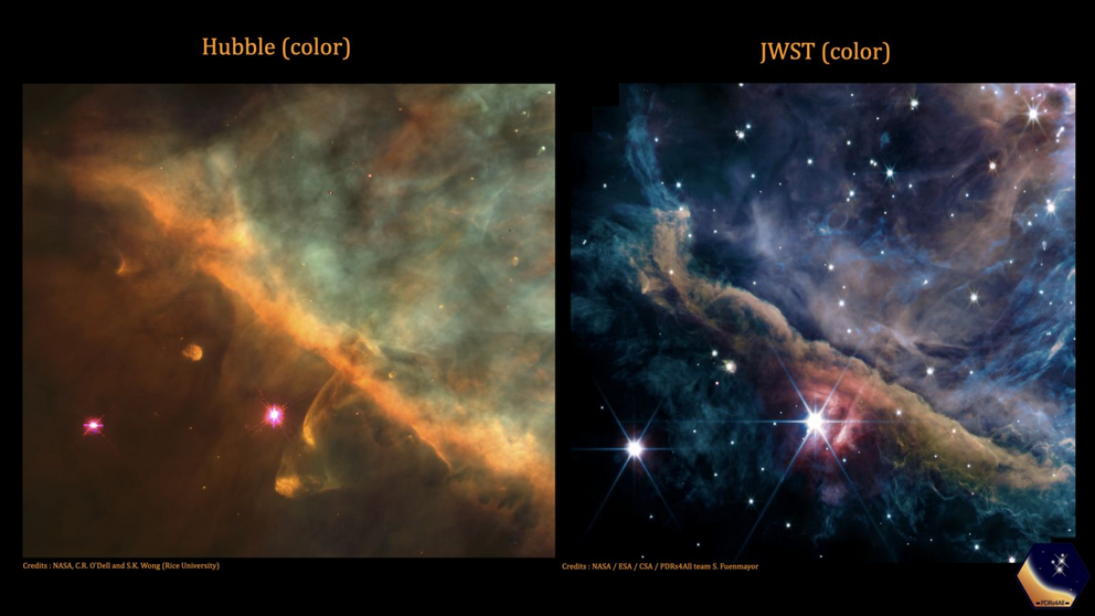 This comparison with an optical Hubble image of the same region (left) shows how effectively JWST reveals what's under the dust.