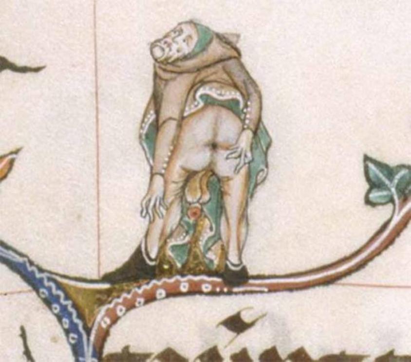 A sight for sore eyes! Detail of a marginal scene of a man displaying his anus.