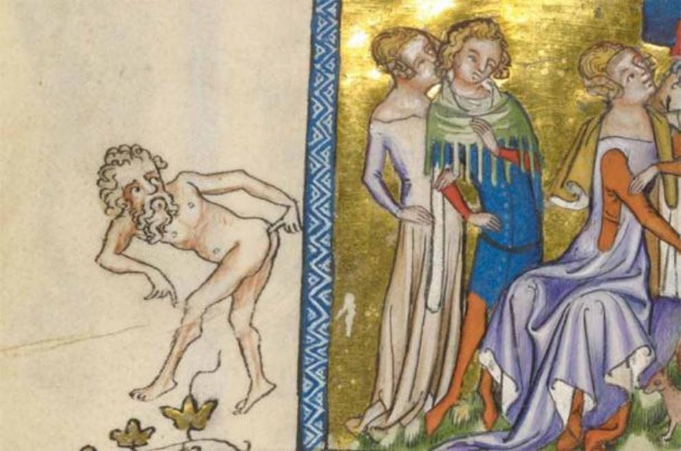 A nude man with his finger in his behind distracts from the more serious illustration of some noble men and women playing chess. ‘Les voeux du paon’. Northern France or Belgium, ca. 1350 AD