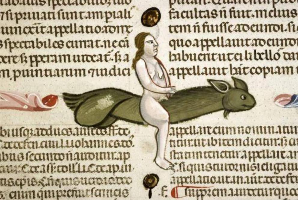 A woman rides of a phallic-shaped monster. Decretum Gratiani with the commentary of Bartolomeo da Brescia, Italy 1340-1345.