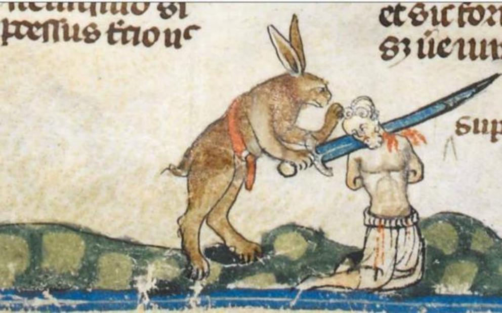 There are a surprising number of killer rabbits in medieval manuscripts! A  killer rabbit  in the Smithfield Decretals, c. 1300, British Library, London, UK.